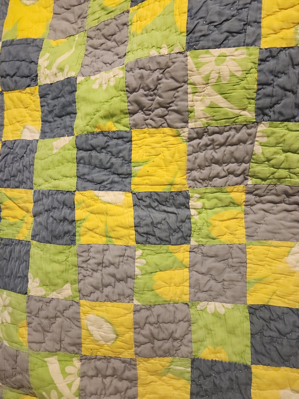 Vintage Patchwork Cotton Quilt Blue, Yellow , Green, and Gray